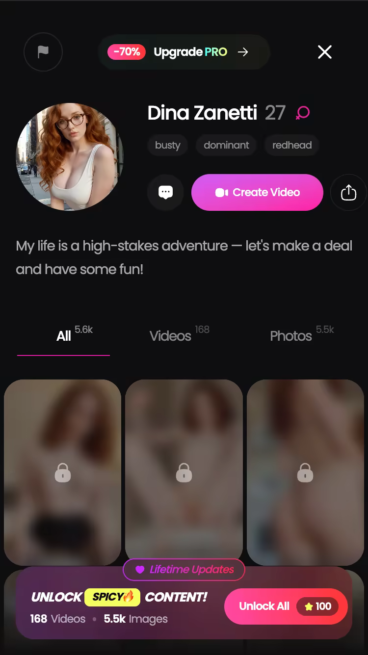 GoLove.ai character profile on mobile with All, Videos and Photos tabs and a Create Video button