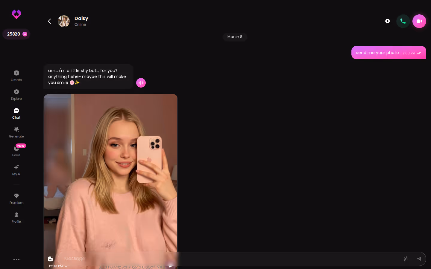 GoLove.ai chat dialog showing a character reply in an ongoing roleplay