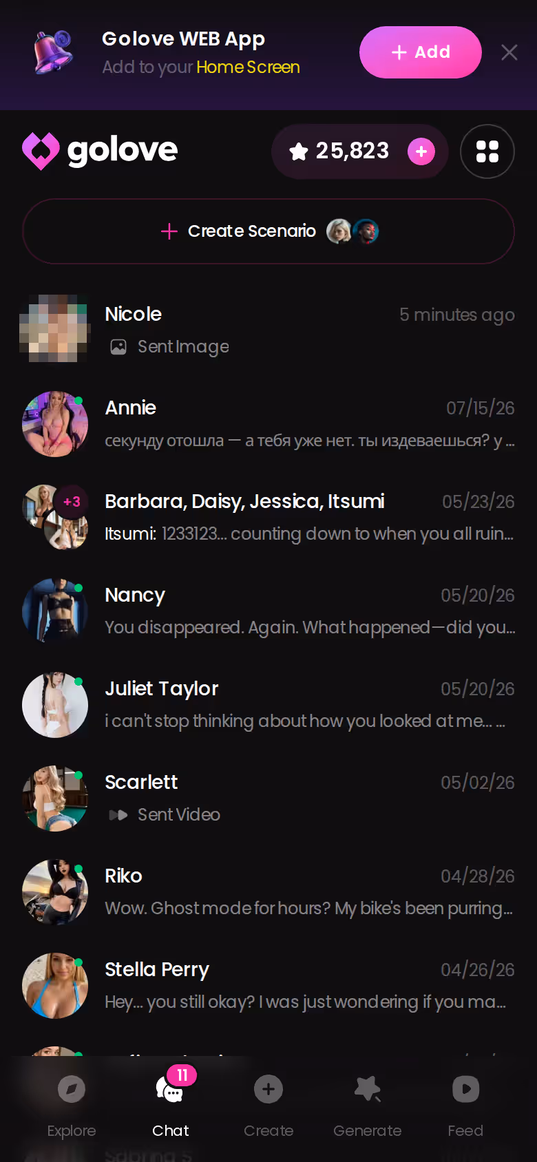 GoLove.ai chat list on mobile showing several characters side by side