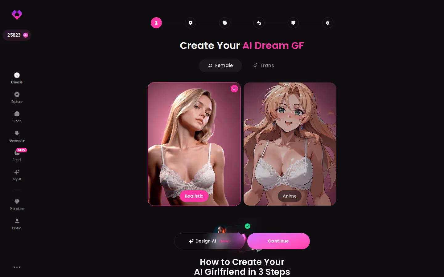 GoLove.ai Create wizard — Female or Trans, Realistic or Anime pick — character ai alternatives for roleplay