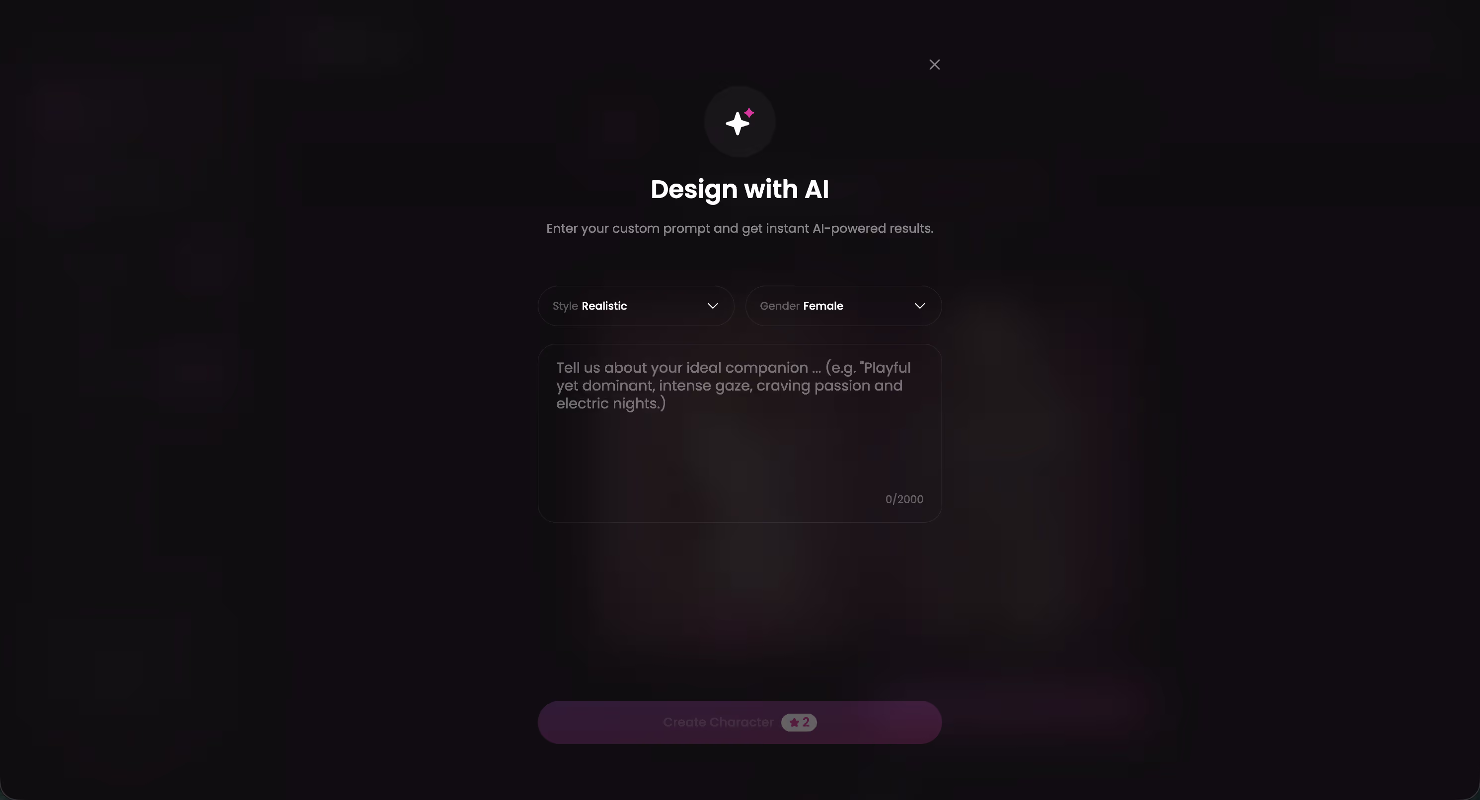 GoLove.ai Design with AI screen on desktop with a text box for describing a new character