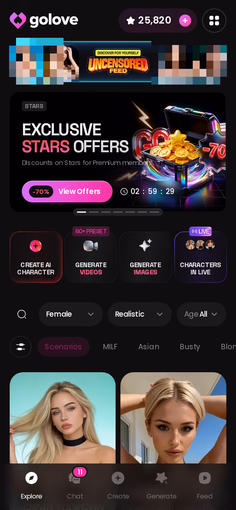 Mobile GoLove.ai Explore page with banners and character grid — open source ai companion app self hosted