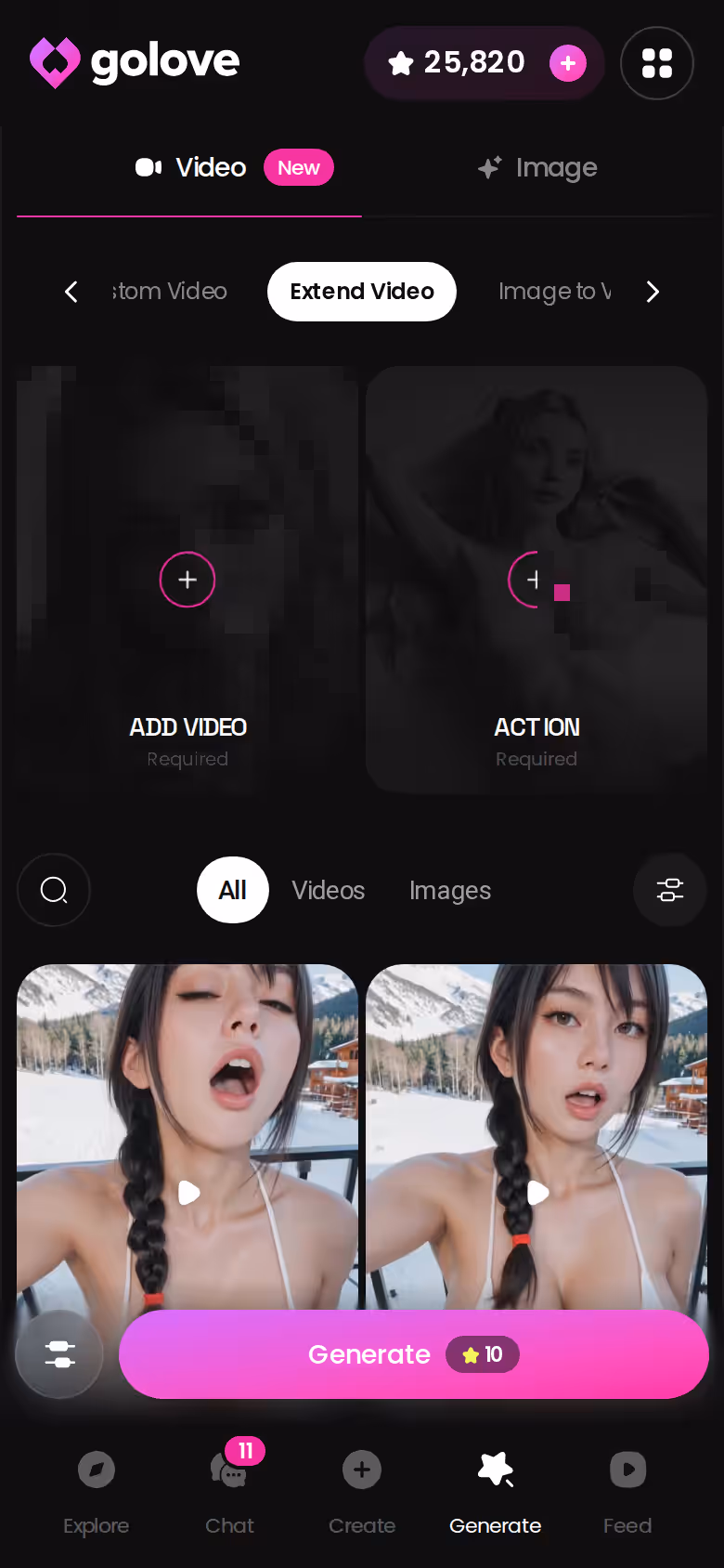 Extend Video option in the GoLove generator on mobile, continuing a clip past its ending