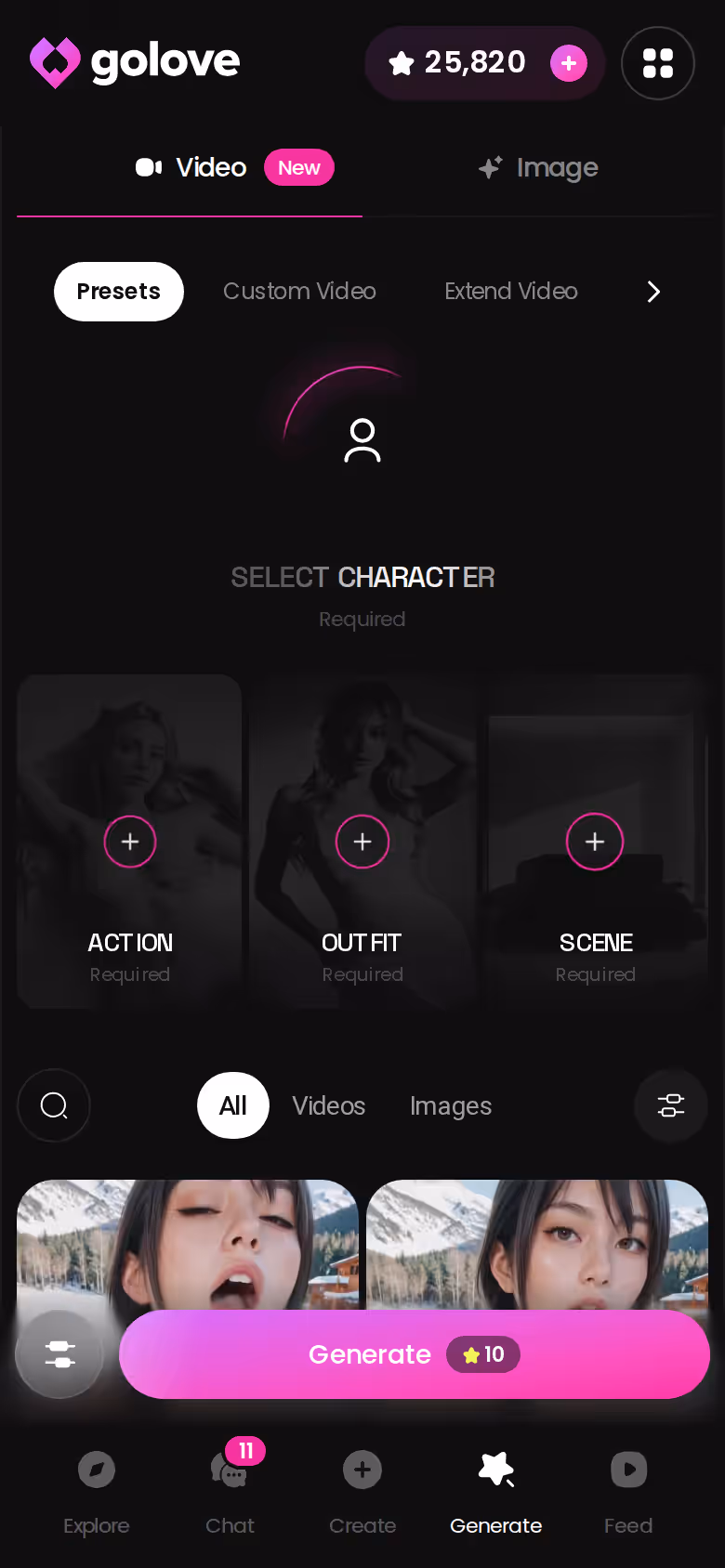 GoLove generator hub on mobile with Image and Video tabs and preset cards for building a scene with a series star
