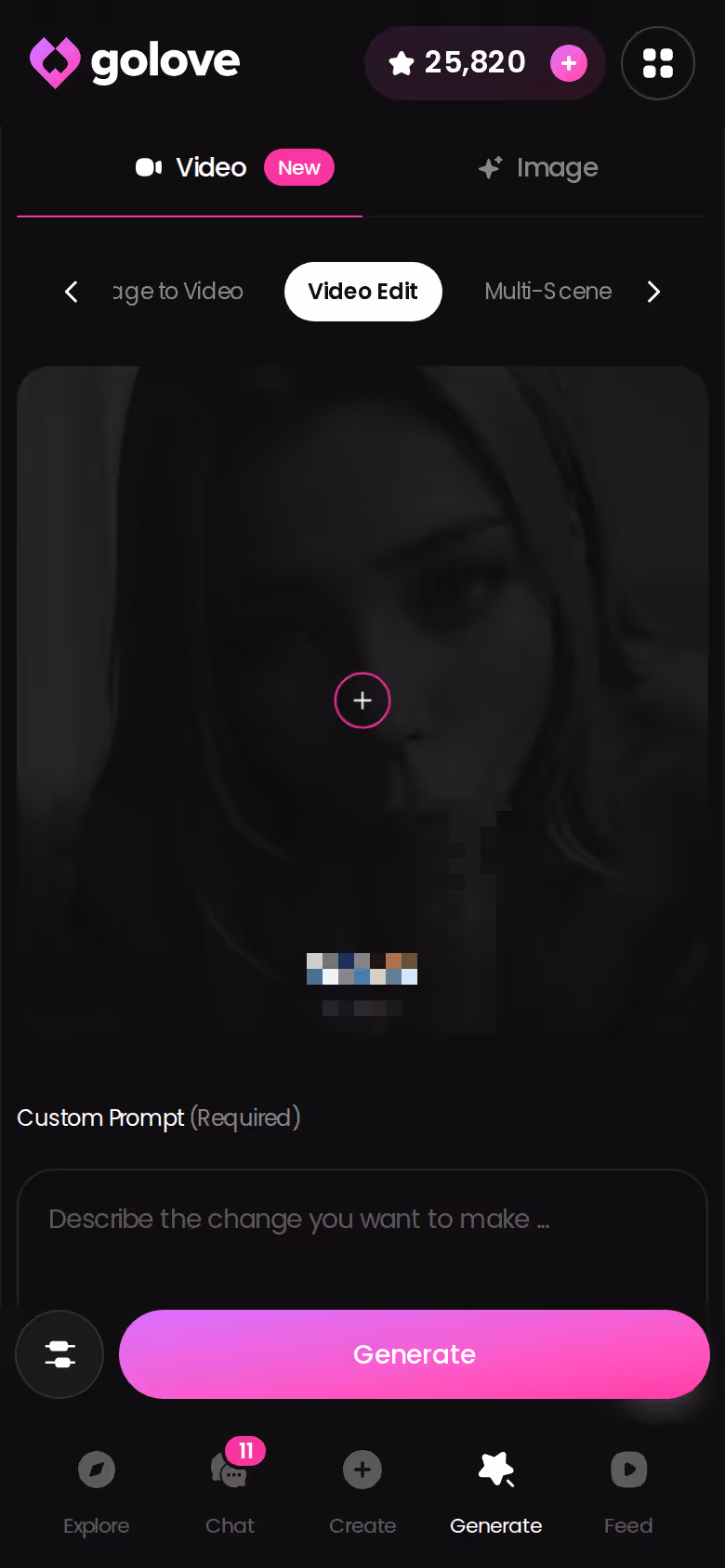 GoLove Video Edit mode on mobile, used to rework a clip of the same character